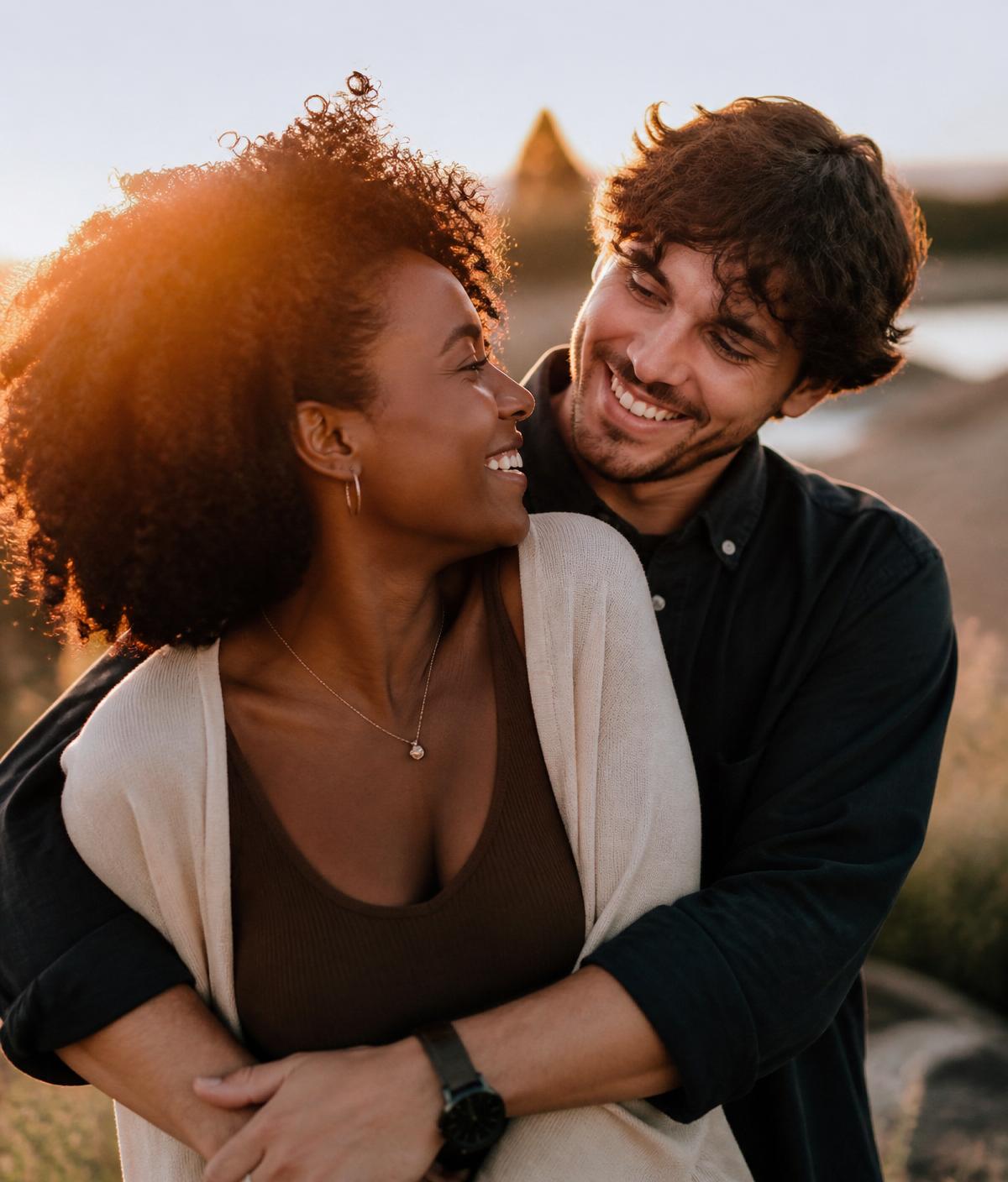 Couple embracing at golden hour